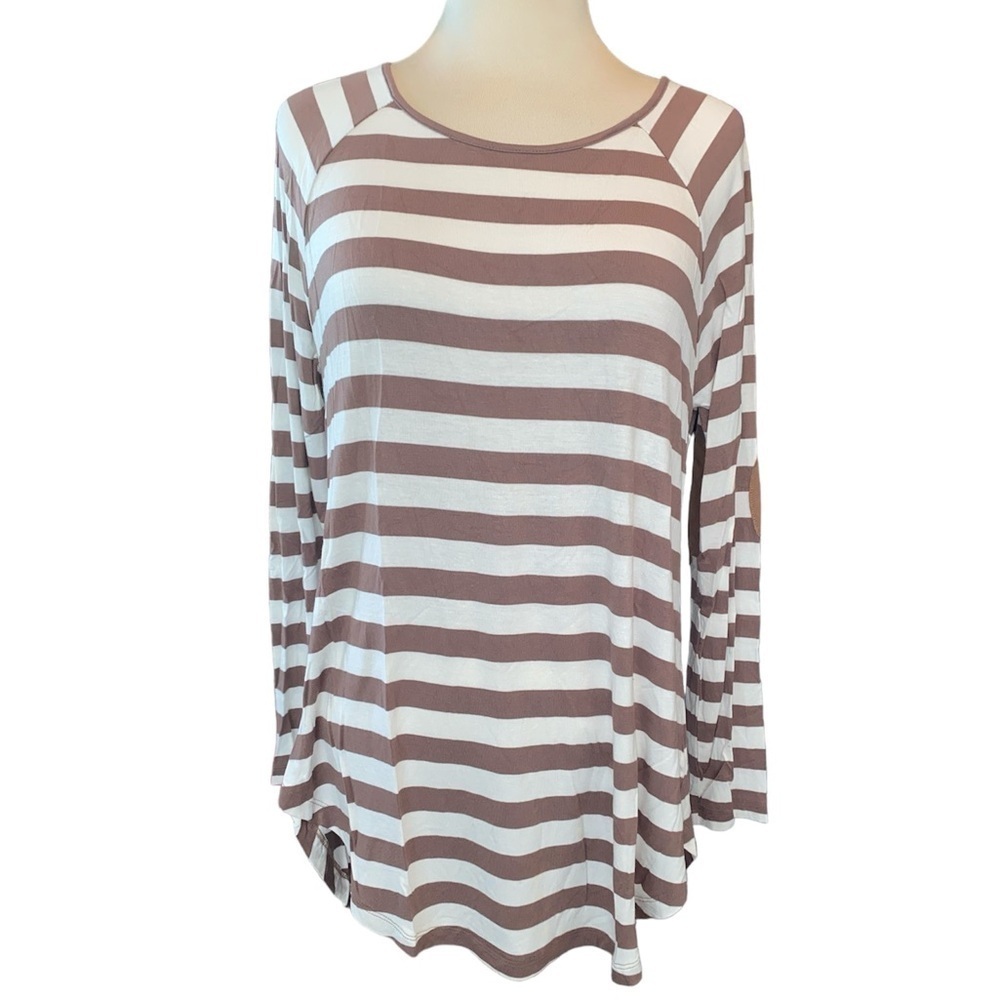 Zenana Premium knit top long sleeves round neck stripes elbow patch size large
